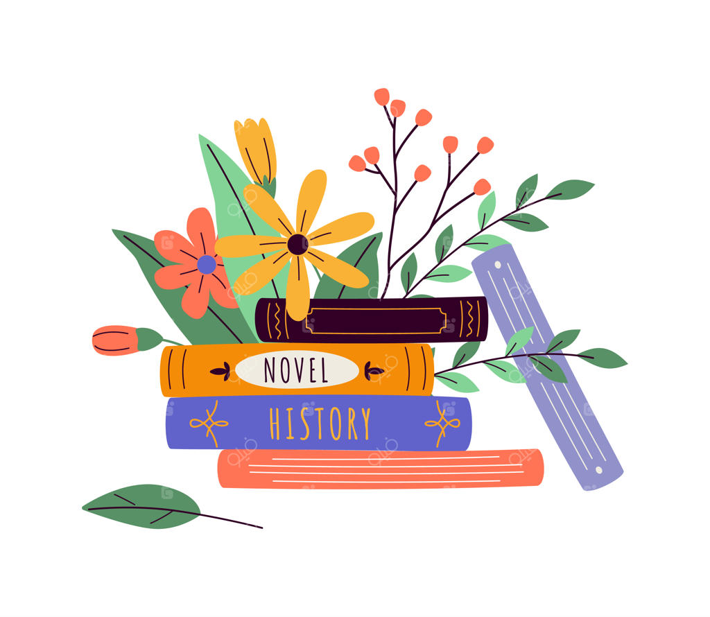 پشته کتاب‌ها با گل‌های تازه و برگ‌ها - اشیاء کارتونی دو بعدی