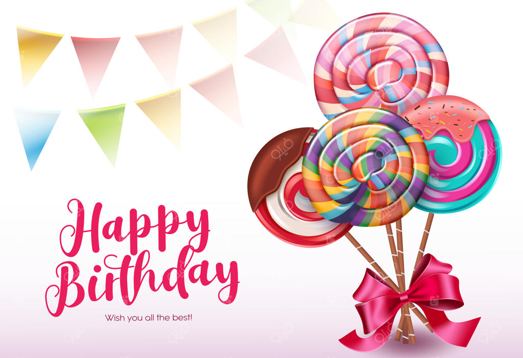 طرح وکتور آبنبات‌های تولد با متن "تولدت مبارک" و پرچم‌های رنگارنگ و دسته‌ای از آبنبات‌های زیبا