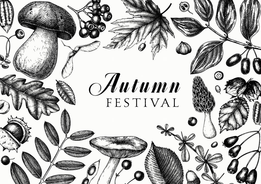 پاییز رنگارنگ با طرح‌های دستی: قالب بوتانی شیک و مد روز با برگ‌های پاییزی، کدو، توت، دانه‌ها و طرح پرندگان. ایده‌آل برای دعوت‌نامه، کارت، بروشور، منو و بسته‌بندی.