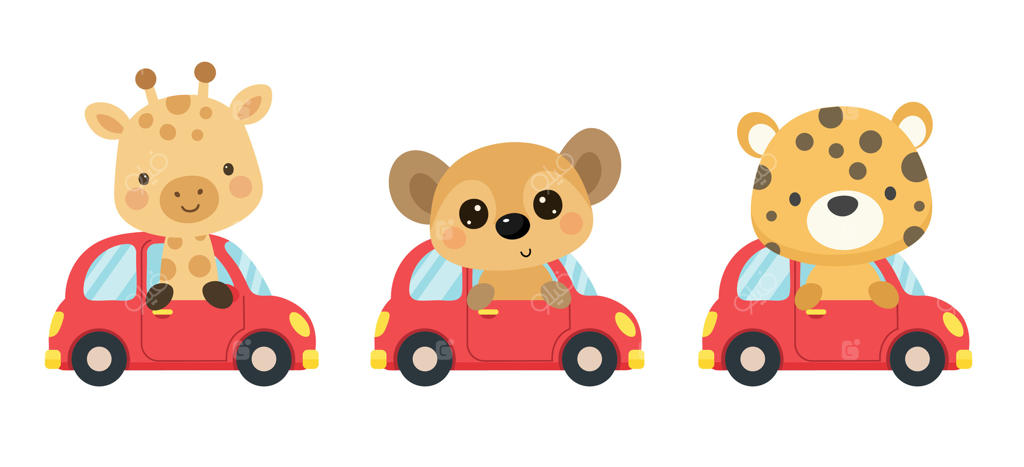 تصویرسازی حیوانات بامزه در ماشین: زرافه، میرکت و جگوار