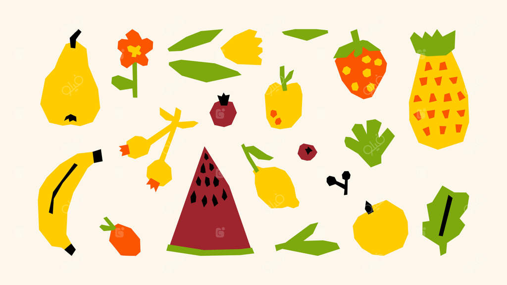 مجموعه میوه: سیب، موز، پرتقال، گلابی، انگور، توت فرنگی، هندوانه. مجموعه‌ای از میوه‌های تازه و شاداب با طراحی ساده و دست‌کشیده، الهام گرفته از برداشت یک باغ طبیعی.