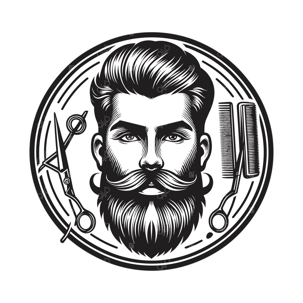 وکتور لوگوی سر آرایشگر ریش‌دار در دایره‌ای شیک