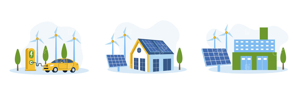 انرژی سبز: خانه با توربین‌های بادی و پانل‌های خورشیدی، خودروی برقی در ایستگاه شارژ، صنعت. شبکه هوشمند و مفهوم انرژی‌های تجدیدپذیر.