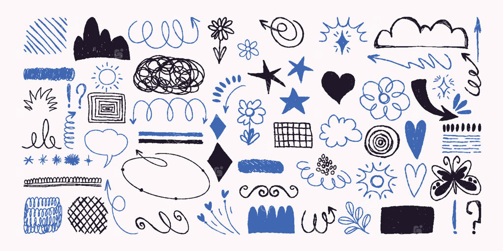 عناصر طراحی دستی آبی و سیاه بر روی زمینه سفید: شامل گل‌ها، ستاره‌ها، قلب‌ها، فلش‌ها، خطوط نامنظم و نمادها.