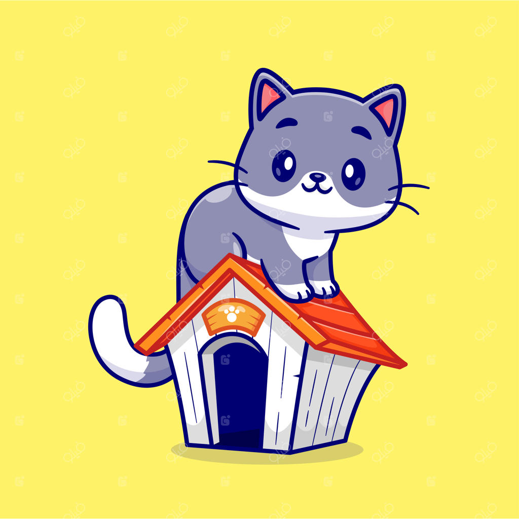 تصویر کارتونی آیکون وکتور گربه بامزه نشسته روی قفس. مفهوم آیکون طبیعت حیوانات، وکتور ویژه و جداگانه. سبک کارتونی تخت