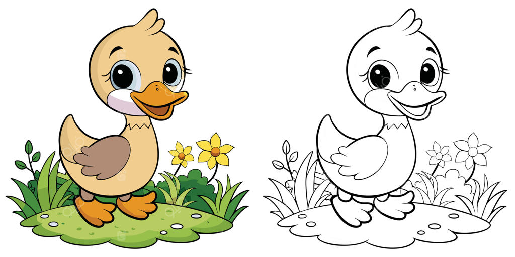 کتاب رنگ‌آمیزی جوجه‌اردک بامزه برای کودکان. طرح کارتونی جوجه اردک در باغ. نقاشی کارتونی حیوانات