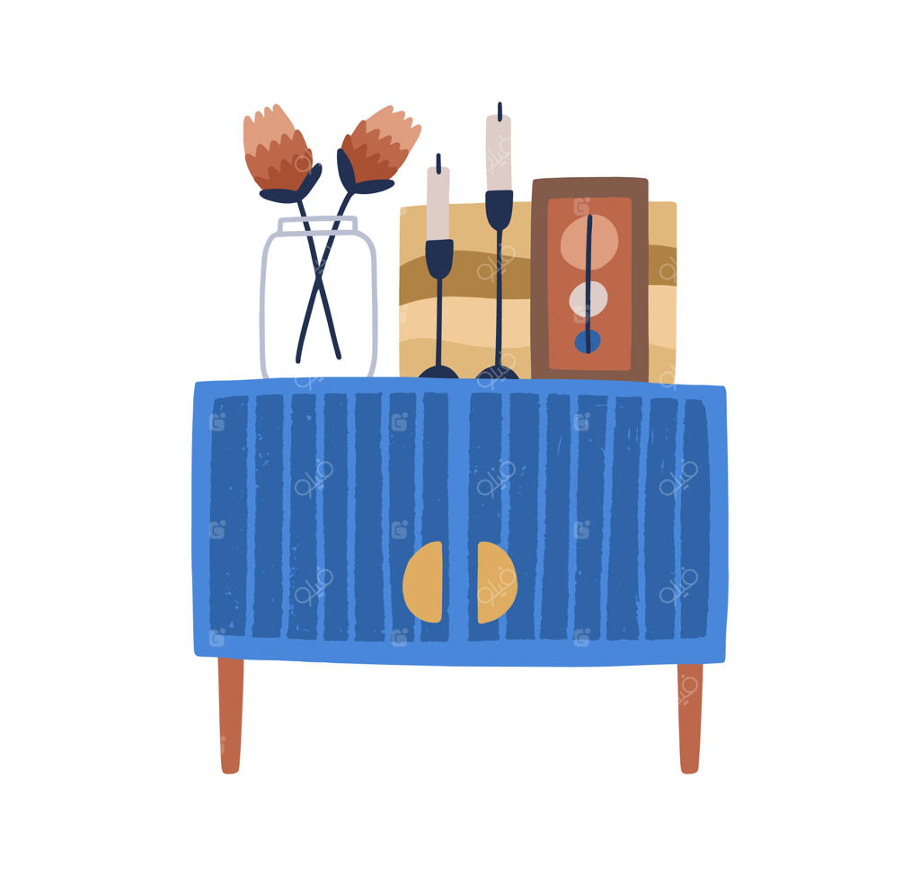 کابینت دو درب با پایه‌های چوبی برای طراحی داخلی مدرن. میز کنار تخت با گل و شمع. میز کنار تخت مد روز. تصویر برداری تخت و رنگی از مبلمان روی زمینه سفید.