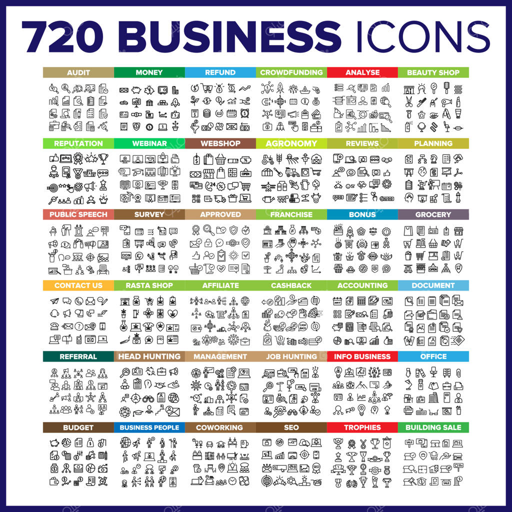 مجموعه بزرگ وکتور آیکون‌های تجاری با طراحی خطی نازک