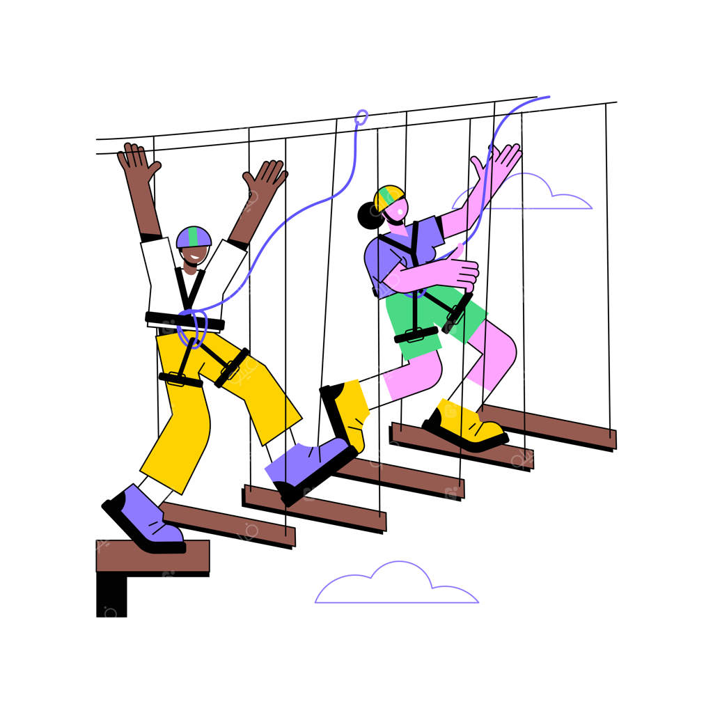 تصاویر وکتوری مانع‌نوردی کارتونی - زوجی در حال عبور از موانع با تجهیزات ویژه - سبک زندگی فعال - صعود از طناب‌ها در پارک - اوقات فراغت در فضای باز