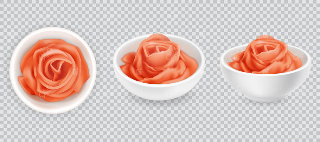 مجموعه گل رز زنجبیل ترشی واقع‌گرایانه. چاشنی صورتی سوشی روی زمینه سفید. ادویه آسیایی، نمای بالا و جانبی. برش‌های ریشه زنجبیل. تصویرسازی