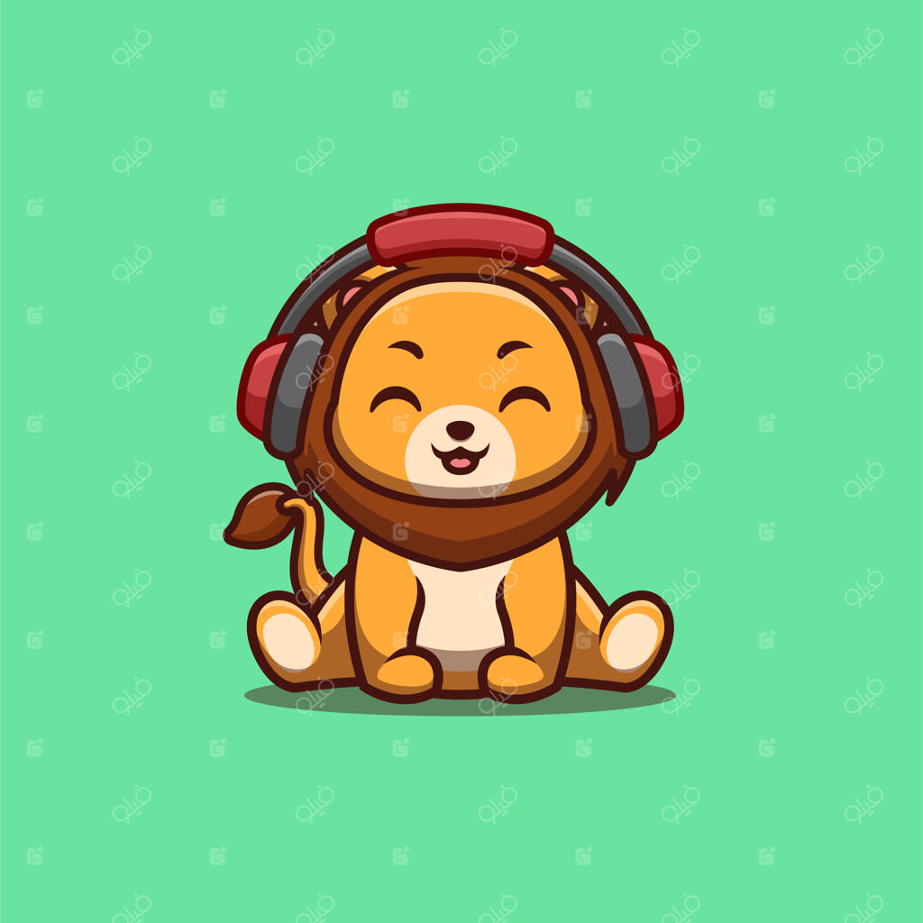 شیر نشسته و موسیقی گوش می‌دهد - لوگوی بامزه و خلاقانه کارتونی کایوایی