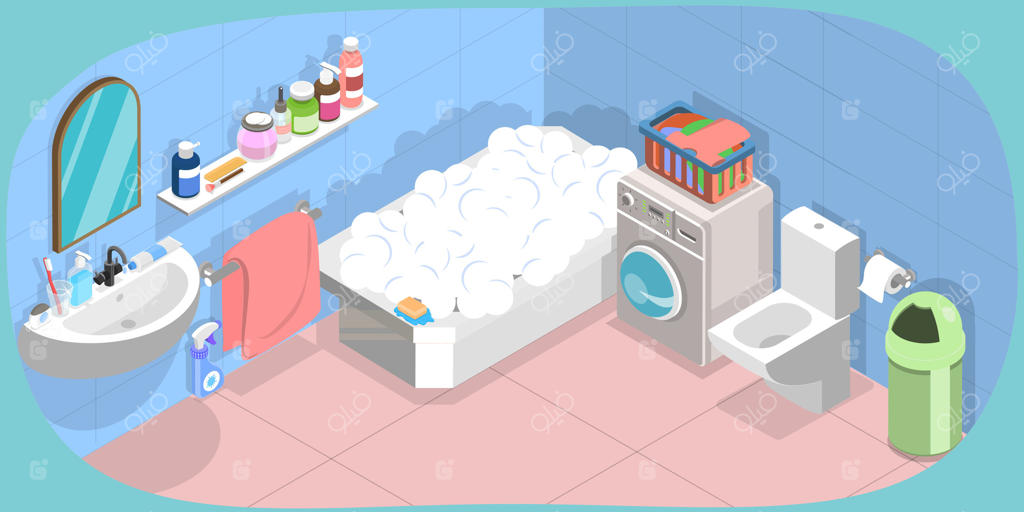 تصویر سه‌بعدی ایزومتریک از لوازم حمام و وسائل بهداشتی شخصی