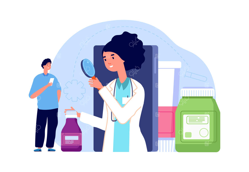 مفهوم داروخانه آنلاین: زن داروساز و بررسی داروها؛ مردی که به کمک پزشکی از راه دور نیاز دارد - تصویر وکتوریش