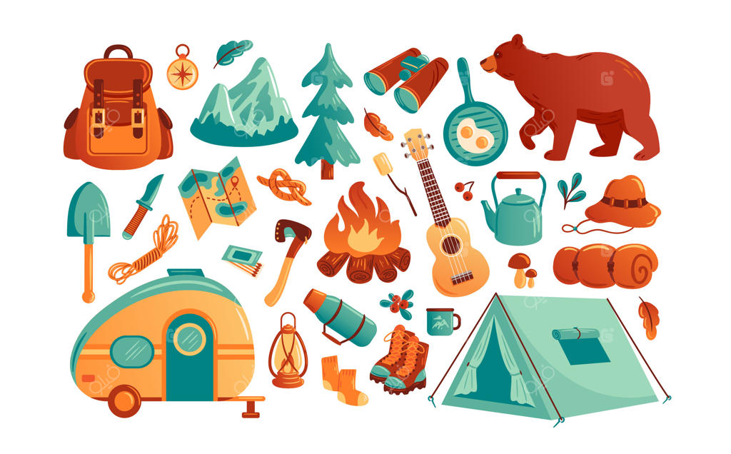 تصویرسازیِ مجموعه‌ای از آیکون‌های کمپینگ و ماجراجویی که المان‌های طبیعت و تجهیزات ضروری طبیعت‌گردی را به نمایش می‌گذارد. این طرح انتخابی عالی برای دوستداران طبیعت است و حس و حال اکتشاف و ماجراجویی را تداعی می‌کند.