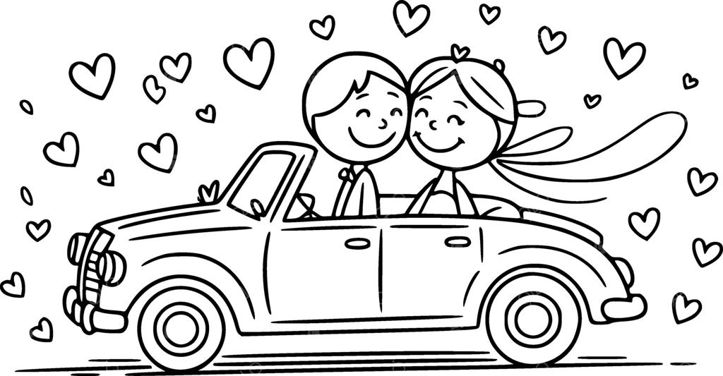 ماشین عروس و داماد عاشقانه با قلب‌های فراوان در اطراف، در حال دور شدن