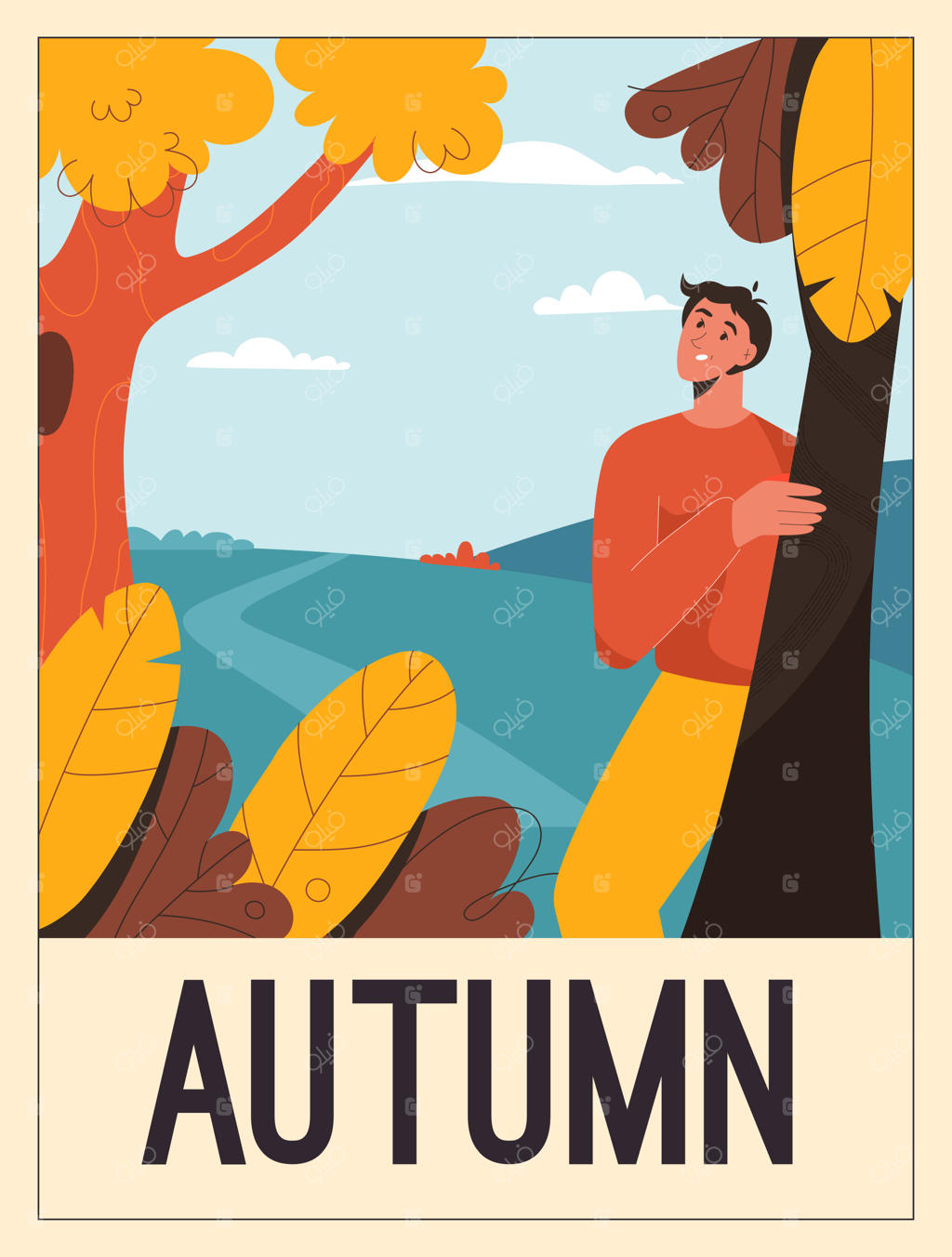 پوستر پاییزی: مرد خوشحال در حال لذت بردن از طبیعت