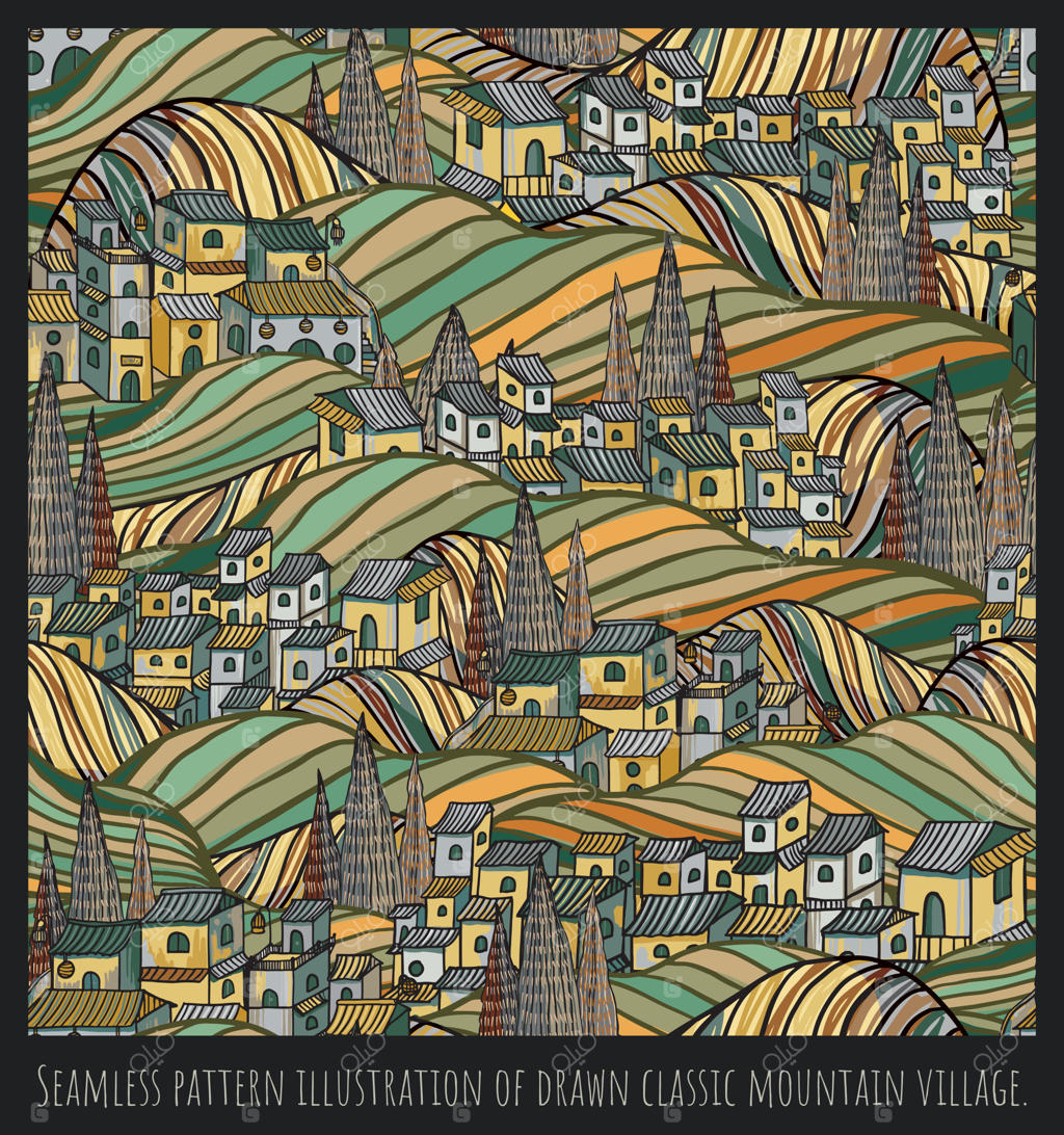 تصویر الگوی یکپارچه از نقاشی دهکده کوهستانی کلاسیک