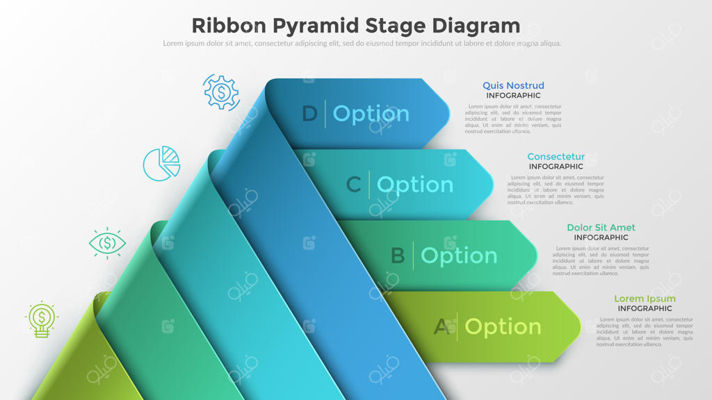 گزینه‌های مدرن اینفوگرافیک با هرم ساخته‌شده از ۴ روبان رنگی و خمیده: مناسب برای طراحی وب و چیدمان فرآیندها