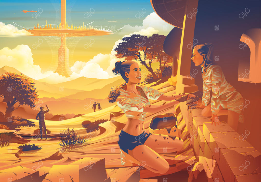 آینده‌نگرانه: خانواده‌ای در دوران آینده در حال کمک به یکدیگر برای ساخت خانه زمینی با شهر شناور آینده‌نگر در پس‌زمینه.