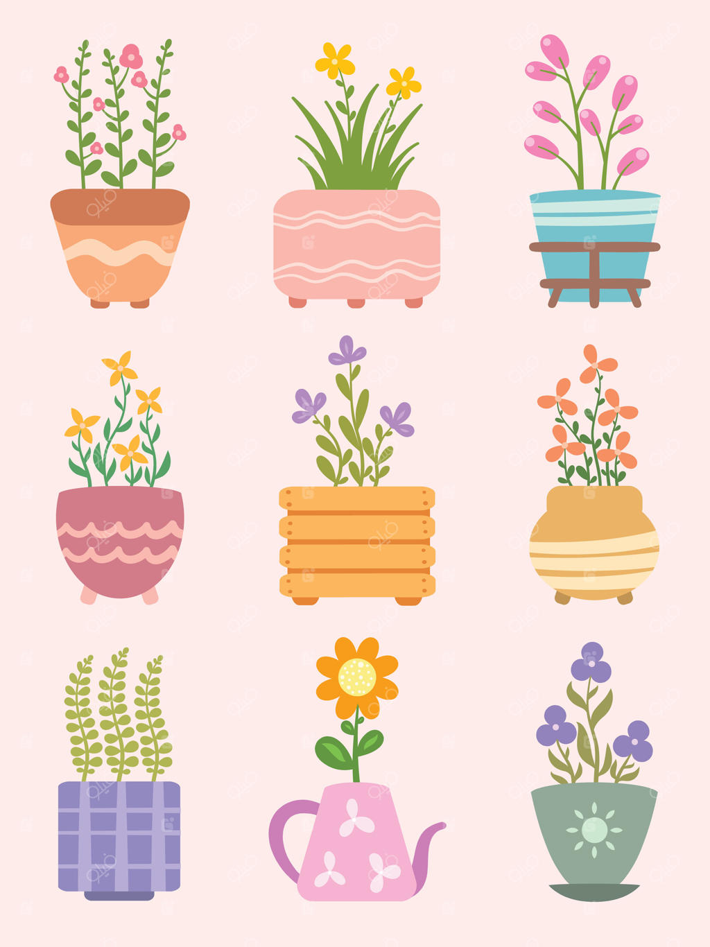 مجموعه‌ای از گلدان‌های زیبا با طرح گل‌های داخلی