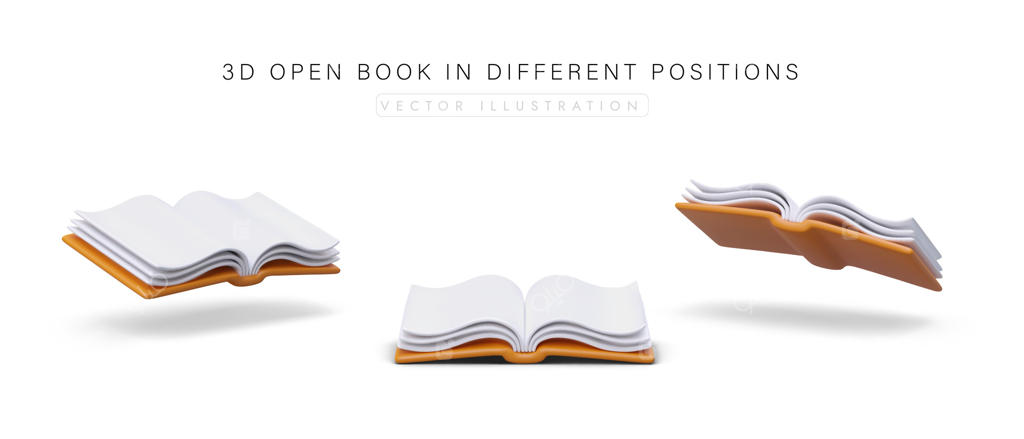 کتاب باز سه‌بعدی در زوایای مختلف با پس‌زمینه سفید؛ مجموعه آیکون‌های کتاب با نمای جانبی، بالا و پایین
