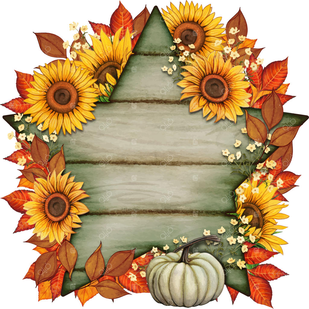 ترکیب نقاشی آبرنگی از برگ‌ها و کدوهای پاییزی