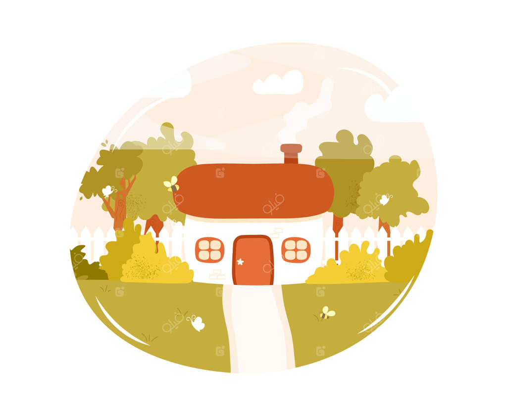 خانه روستایی دنج در پس‌زمینه سفید در قاب دایره‌ای. نقاشی دستی به سبک کارتونی. منظره تابستانی یا بهاری در حومه شهر. چشم‌ انداز روستایی. کلبه دنج با باغچه.