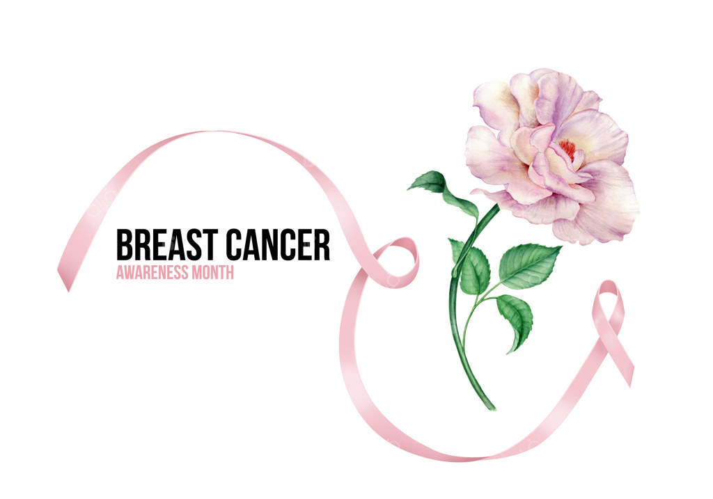 متن سرطان سینه با روبان صورتی و گل رز صورتی