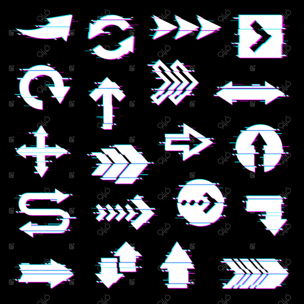 مجموعه فلش‌ها و نشانگرها با افکت اختلال تصویری.