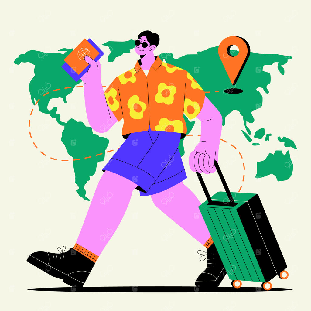 مسافر جهانگرد با چمدان و گذرنامه