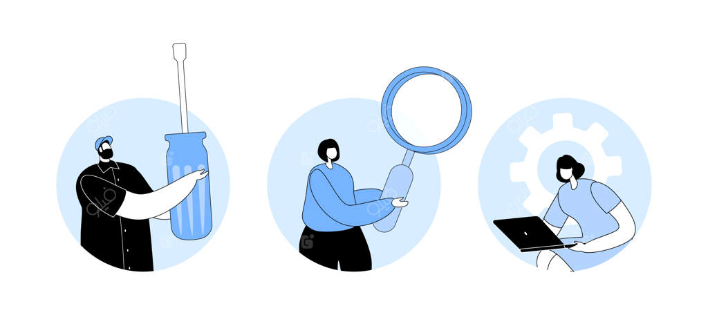 مفهوم خدمات تعمیر: مردی با پیچ‌گوشتی بزرگ و زنی با ذره‌بین، لپ‌تاپ و چرخ‌دنده، مشغول تعمیر یا سرهم کردن کامپیوتر