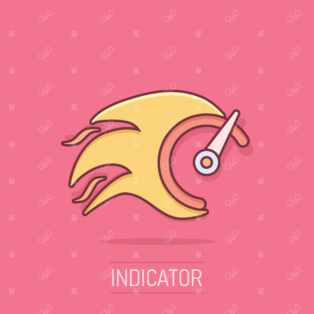 آیکن نشانگر سرعت با شعله در سبک کمیک. تصویرسازی کارتونی افزایش سرعت. مفهوم کسب‌وکار شتاب‌سنج در پس‌زمینه مجزا با افکت پاشش.