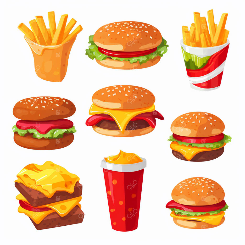 وکتور آیکون همبرگر و تصویرسازی فست فود، پیتزا و ساندویچ برای منوی رستوران