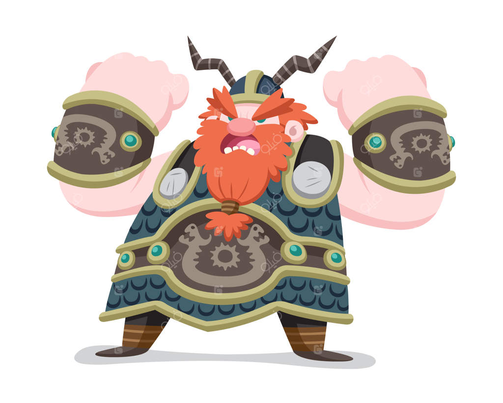 تصویر فریاد جنگ یک وایکینگ با بدن عضلانی در سبک کارتونی ساده