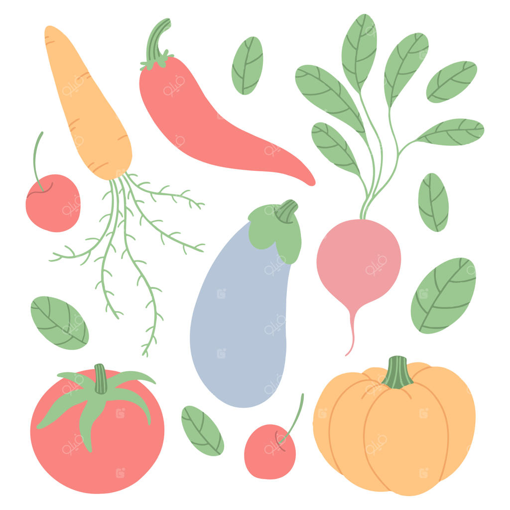 مجموعه‌ای از سبزیجات و توت‌ها.