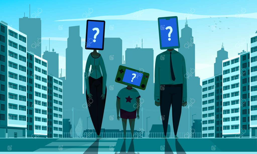 دستکاری مردم در پس‌زمینه شهری با اعضای خانواده به جای سر، گوشی‌های هوشمند - تصویرسازی کارتونی وکتور