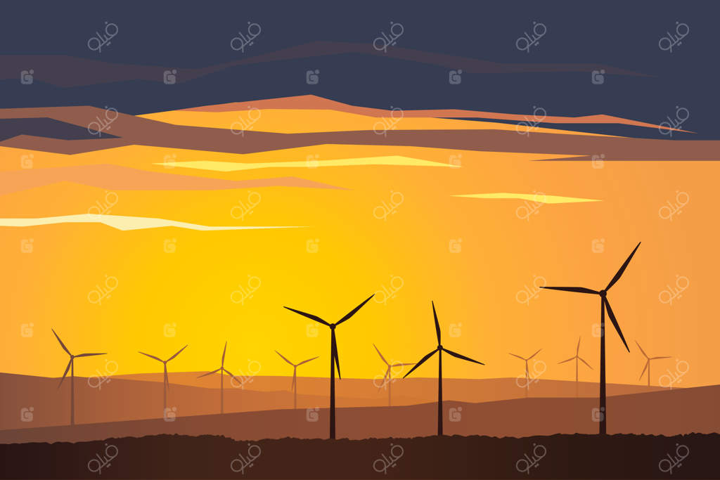 تصویر منظره وکتور با توربین‌های بادی در غروب؛ محیط زیست و انرژی پایدار