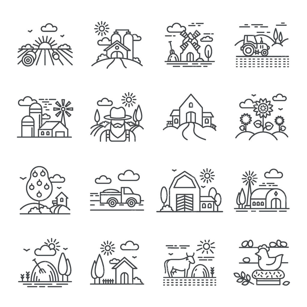 مناظر خطی روستایی و مزرعه با کشتزارها، انبارها و ماشین‌آلات. آیکون‌های صنعت کشاورزی. مجموعه وکتور ساختمان‌های کشاورزی، برداشت محصول و زمین‌های زراعی