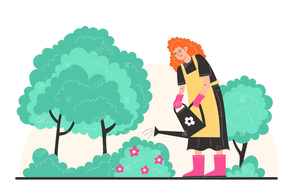 دختری جوان به گل‌های باغ آب می‌دهد