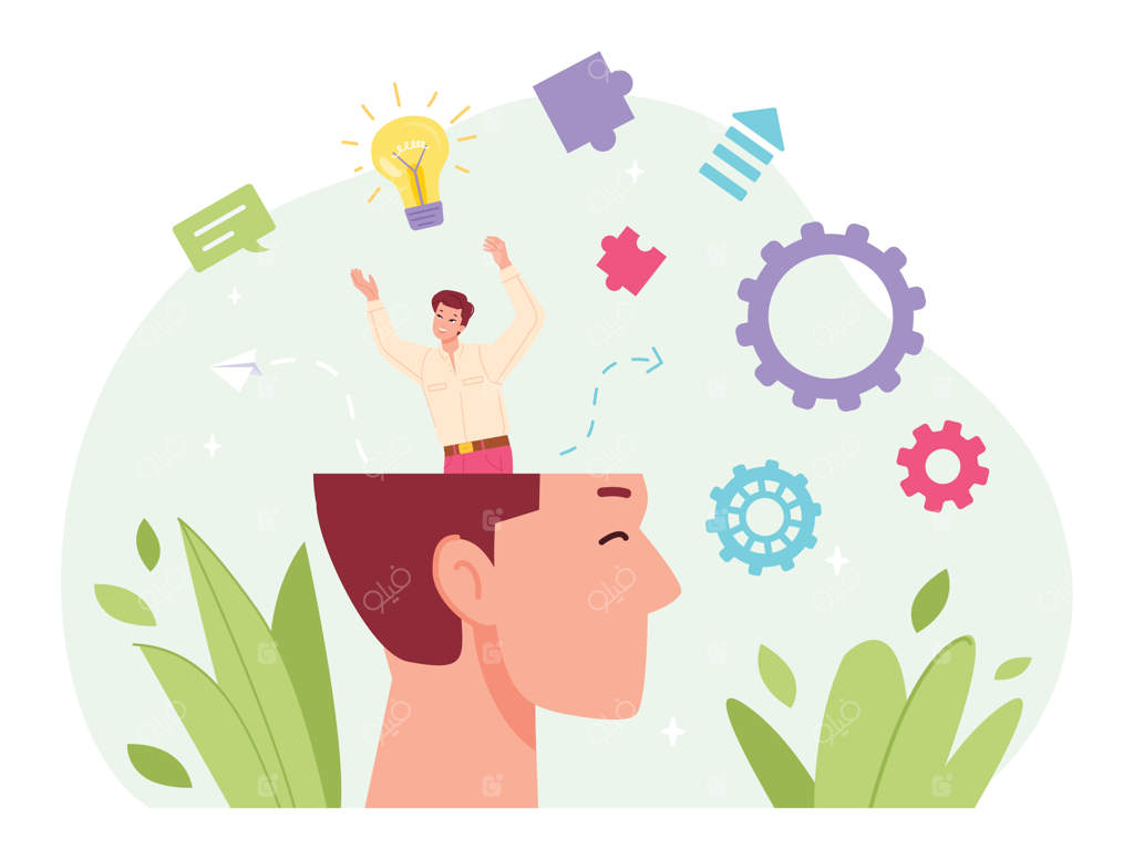 پاکسازی ذهن: مردی که مغز غول‌پیکری را تمیز می‌کند و افکار شما را دور می‌ریزد، مراقبت از خود، ذهن و آگاهی، تصفیه فضای ذهنی، نظم درونی، سم‌زدایی فکری، تصویرسازی برداری