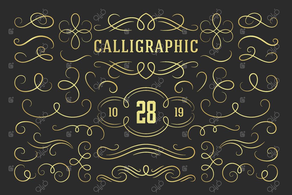 عناصر طراحی خطاطی و تزیینات قدیمی وینتیج با نقوش پرپیچ و خم و تزیینات هنری