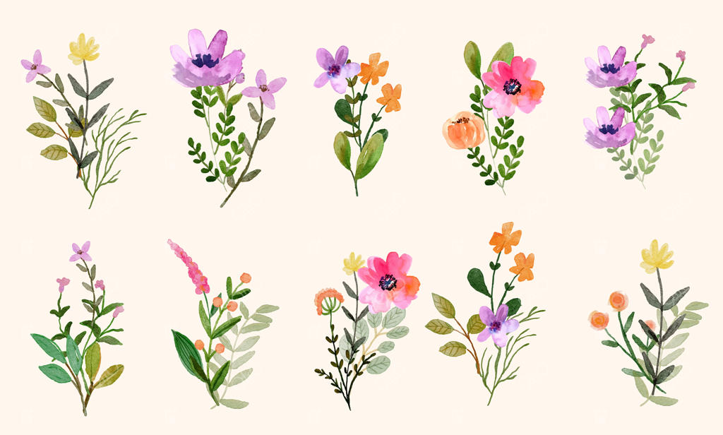 چیدمان و دسته‌گل‌های بهاری با آبرنگ و گل‌های وحشی