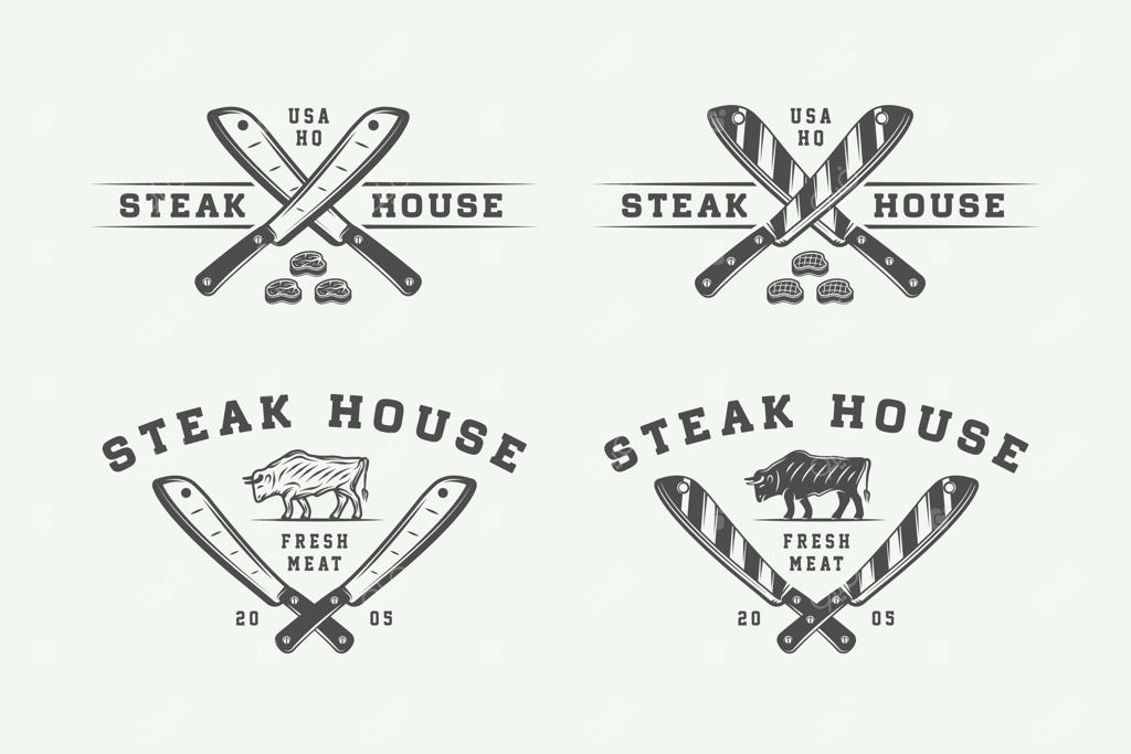 مجموعه‌ای از لوگوها، نشان‌ها، و برچسب‌های قصابی و کباب به سبک وینتیج. هنر گرافیکی تک رنگ. تصویرسازی وکتوری.