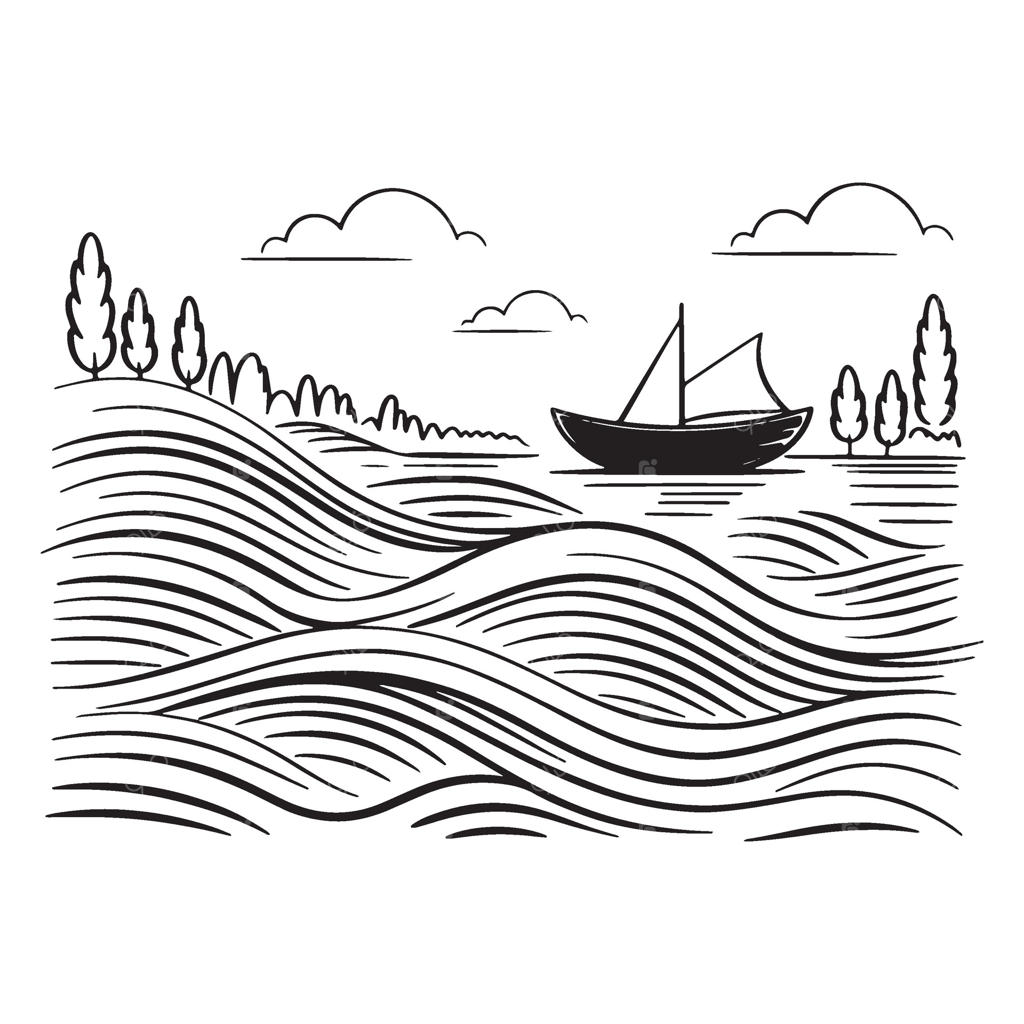 قایق‌رانی آرام در دریاچه‌ای مواج با تپه‌ها، درختان و ابرها در یک منظره سیاه و سفید