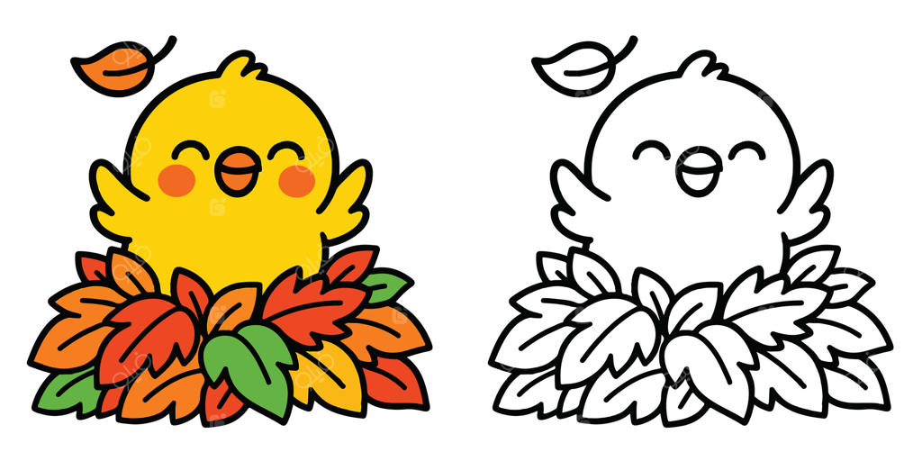 کتاب رنگ‌آمیزی برای کودکان: جوجه‌ی شاد در پنهان میان انبوهی از برگ‌ها - تصویر خطی