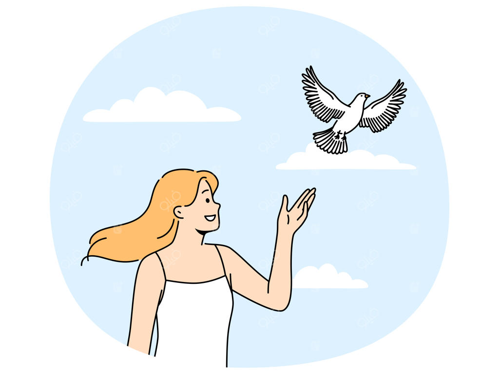 زنی کبوتر را رها می‌کند زیر آسمان آبی تابستان و با امید و صلح نظاره‌گر پرواز پرنده است