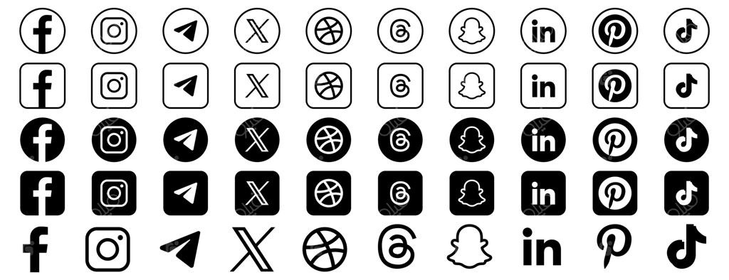مجموعه آیکون‌های فیس‌بوک، اینستاگرام، تلگرام، ایکس، دریبل، تردز، اسنپ‌چت، لینکدین، پینترست و تیک‌تاک