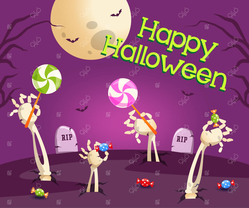 هالووین شاد با قبرها و جمجمه‌هایی که به دنبال آب‌نبات هستند