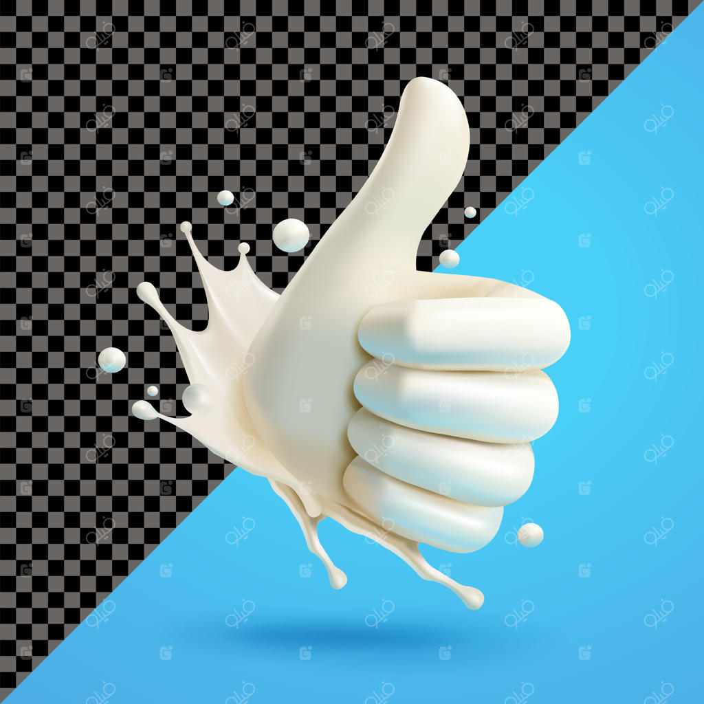 پاشیدن شیر به شکل دست با انگشت شست بالا، سه‌بعدی. مناسب برای سلامت و تجارت