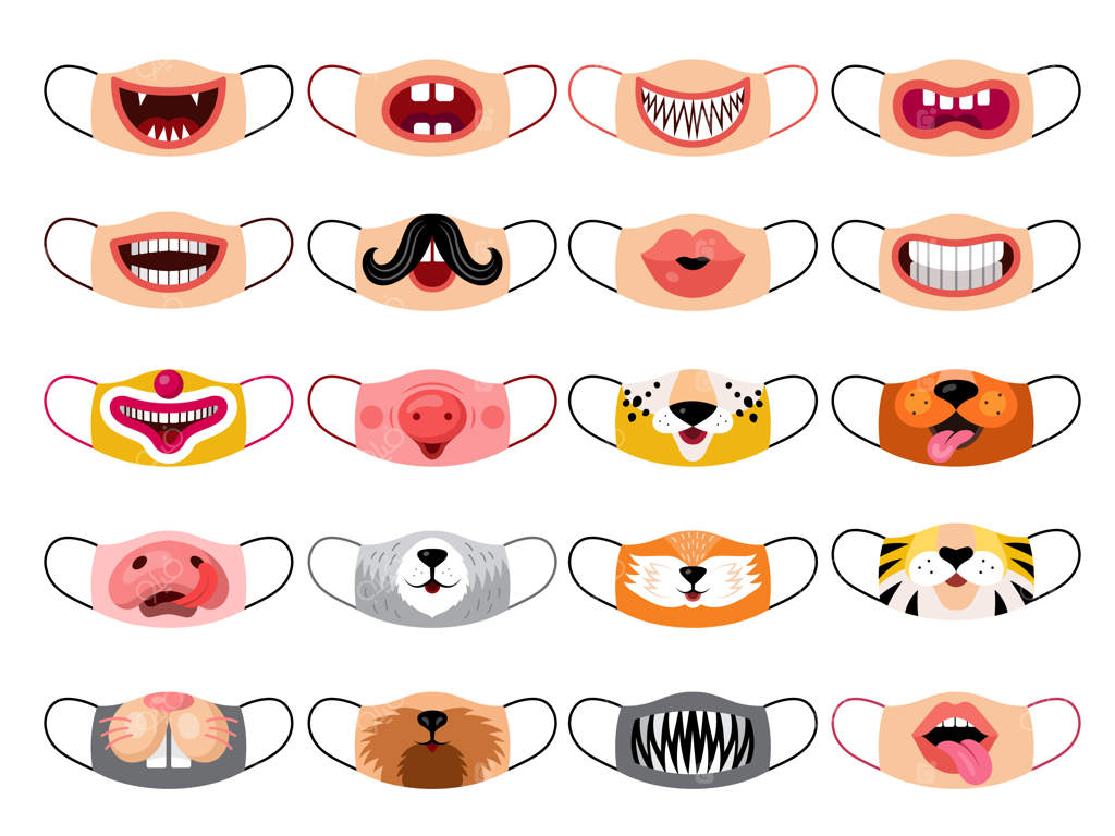 ماسک محافظتی کووید: محافظت بهداشتی و پیشگیری با طرح‌های صورت کودکان و حیوانات روی پارچه - مجموعه الگوهای جدید وکتور